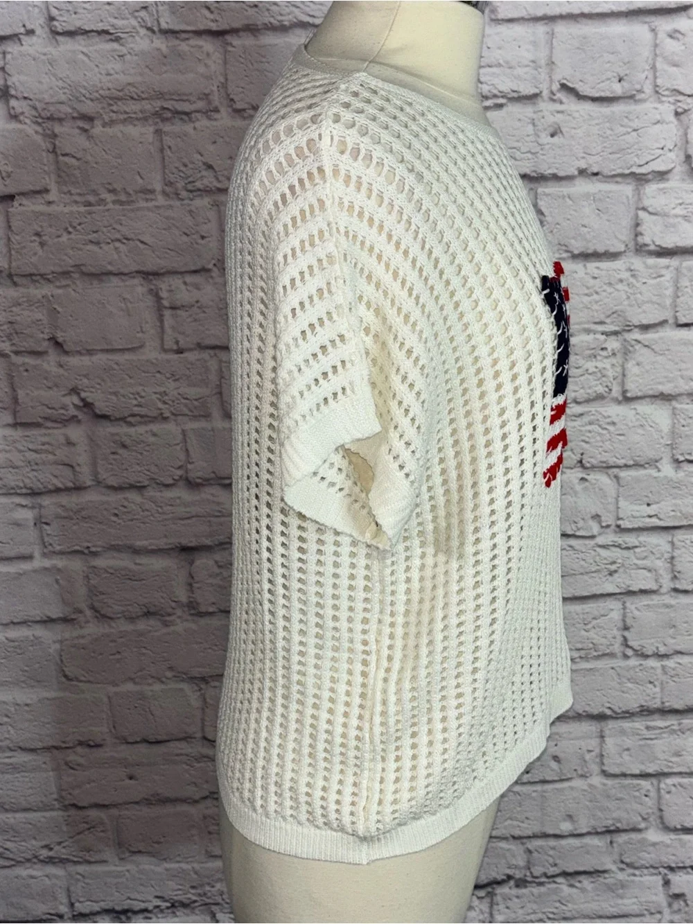 Zenana Boutique American Flag Open Weave Crochet Cap Sleeve Sweater Size M - Picture 5 of 10